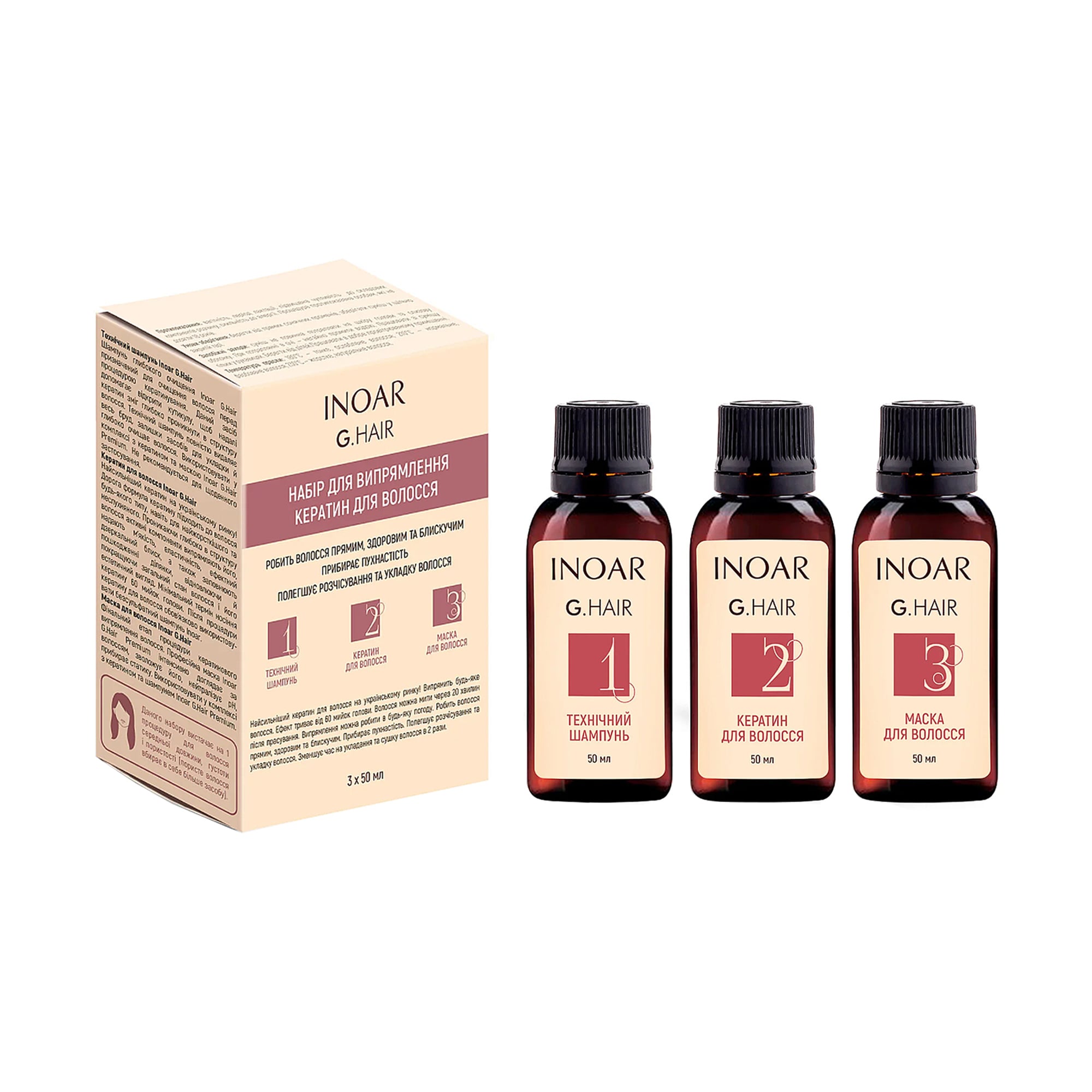 Набір для кератинового випрямлення волосся Inoar G-Hair (техшампунь, 50 мл + кератин, 50 мл + маска, 50 мл)